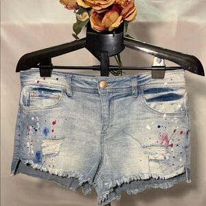 Adam Levine Collection Light Wash Distressed Denim Shorts with Paint Splatter